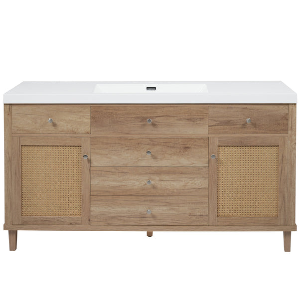 English Elm Christopher Knight Home® - 60" Modern Bathroom Vanity with Durable SMC Sink, Rattan Doors, Soft-Close Drawers, Pine Legs Antique Natural N817P296130N