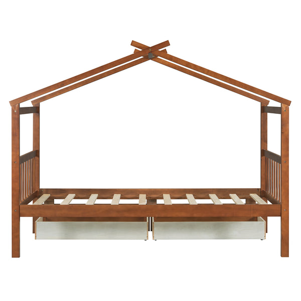 English Elm Twin House Bed Solid Pine Kids Cottage Frame with Storage Drawers Imaginative Room Walnut N708P309245L