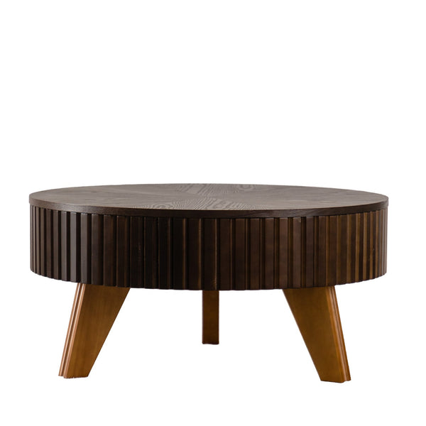 English Elm 31.5" Round Mid-century Coffee Table with Lower Shelf Solid Wood Legs and Mdf Top Brown W757P370297