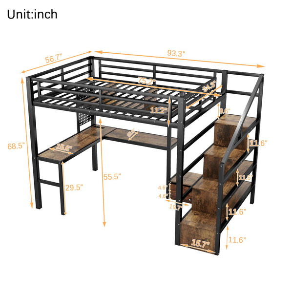 English Elm Full Size Loft Bed With Desk, Wardrobe & Led Light – Space-Saving Metal Design For Kids' Rooms! W2593S00019