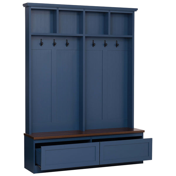 English Elm Rattan Door Hall Tree Bench with 6 Hooks Farmhouse Entryway Storage Blue N721S000076C