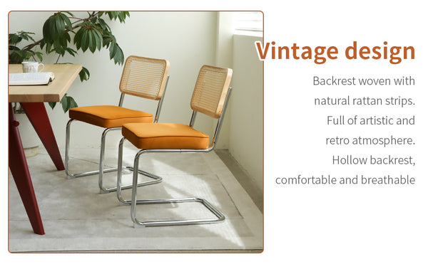 English Elm Dining Chairs Set of 4 Velvet Seat Woven Rattan Back Chrome Cantilever Frame Orange W2105S00005