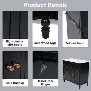 English Elm 36" Modern Bathroom Vanity with Ceramic Sink, Solid Wood + MDF Frame, Sleek Freestanding Design Black N725P195410B