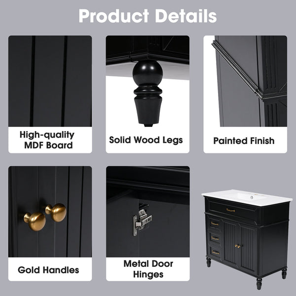 English Elm 36" Modern Bathroom Vanity with Ceramic Sink, Solid Wood + MDF Frame, Sleek Freestanding Design Black N725P195410B