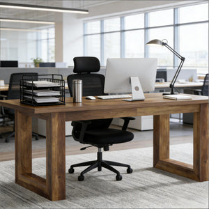 English Elm Sturdy Two-tier Computer Desk with File Cabinet and Monitor Riser for Home Office Brown T3971P453720