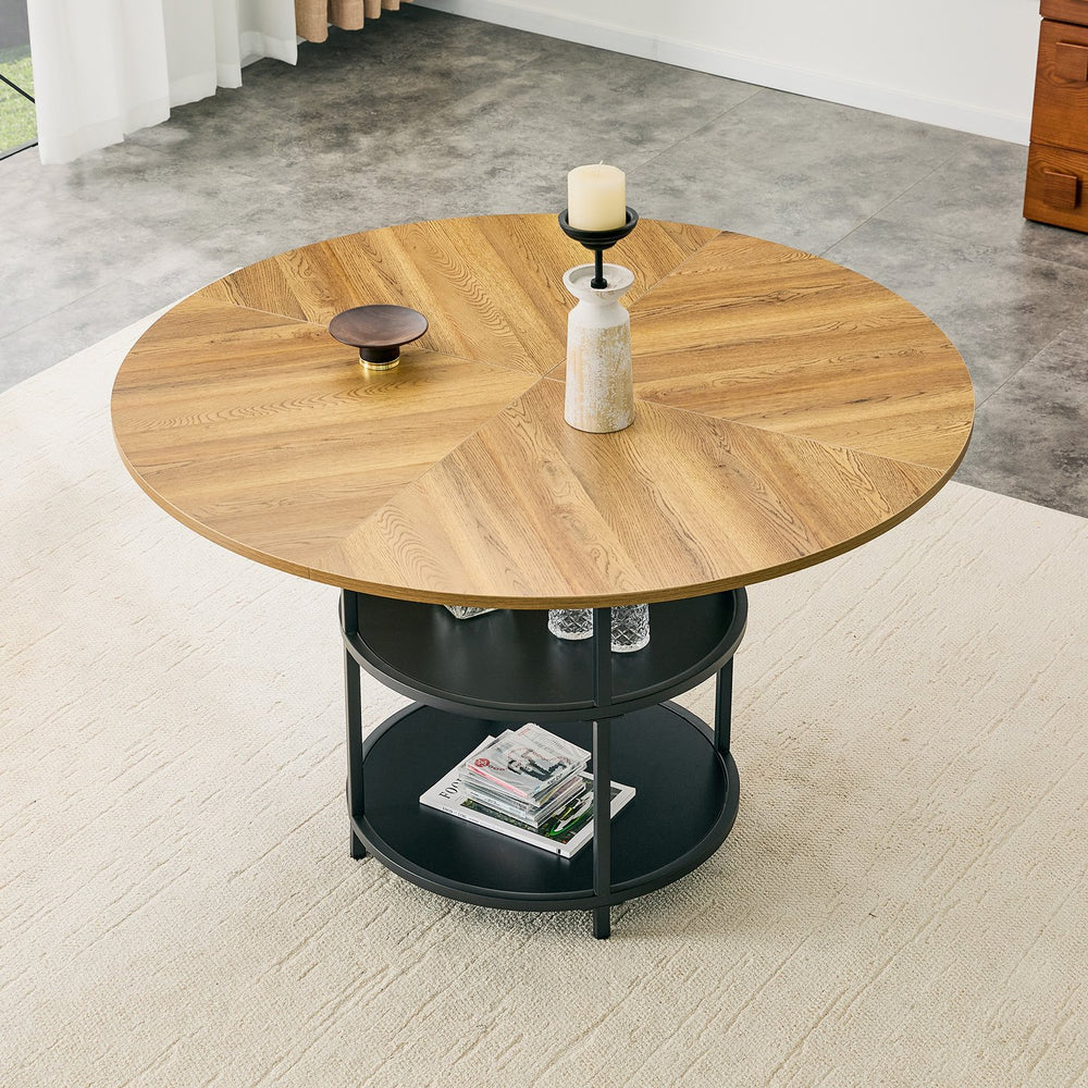 English Elm 47.3-inch Round Dining Table Two Tier Mdf Geometric Wood Black Seats Four W1151P428201