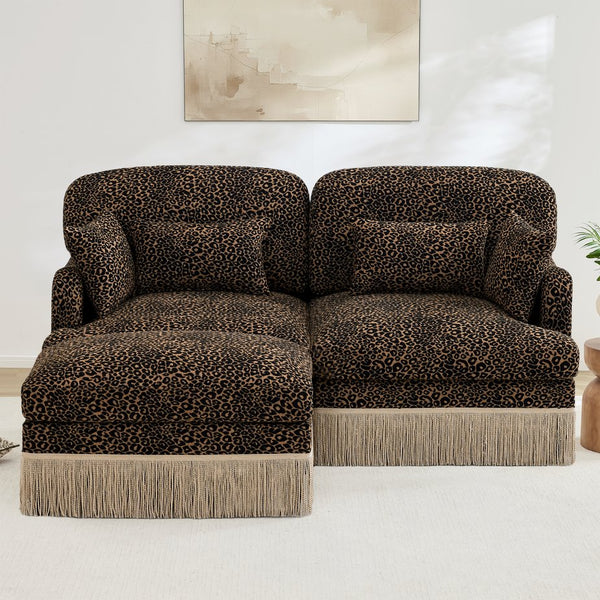 English Elm Comfy Chenille Leopard Print Loveseat with Tassel Trim Movable Ottoman Living Room Brown W5656S00011