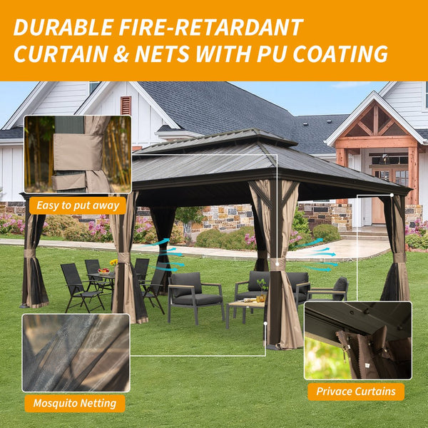 English Elm 12' X 20' Hardtop Gazebo - Durable Metal Canopy With Drainage, Curtains & Netting For Outdoor Comfort W1859S00145