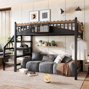 English Elm Twin Xl Metal Loft Bed with Stair Storage Shelves Sturdy Steel Frame for Dorms W1580S00377
