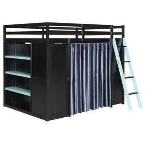 English Elm Full Size Wood Loft Bed with Wardrobe Desk Shelves Rgb Lighting and Blackout Curtains Black+Blue LT000269AAC-1