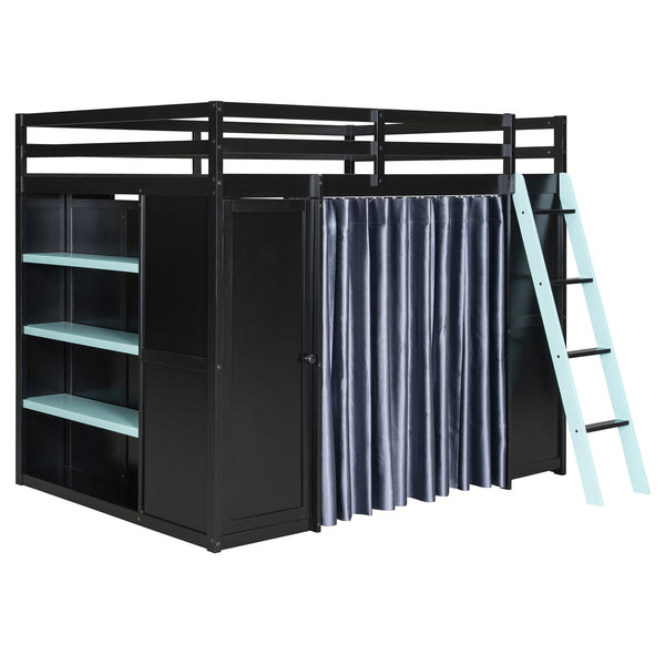 English Elm Full Size Wood Loft Bed with Wardrobe Desk Shelves Rgb Lighting and Blackout Curtains Black+Blue LT000269AAC-1
