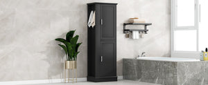 English Elm Tall Bathroom Storage Cabinet - Freestanding With Adjustable Shelves, Hooks & Modern Black Design N725P241834B-GIGA