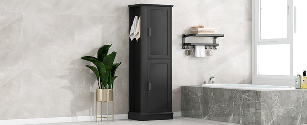English Elm Tall Bathroom Storage Cabinet - Freestanding With Adjustable Shelves, Hooks & Modern Black Design N725P241834B-GIGA