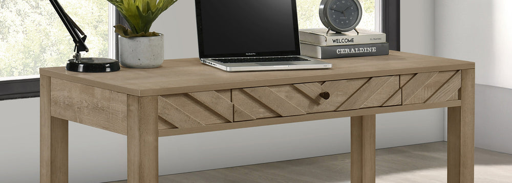 English Elm 1pc Writing Desk with Sleek Grey Finish, Square Legs and Single Drawer for Compact Home Office Space Light Brown 26.6 L x 50.5 W x 6.81 H B011P378518