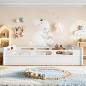 English Elm Queen Low Profile Floor Bed Pine Wood Frame Japandi Minimalist Bedroom Design White W1580P438794