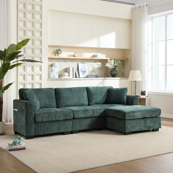 English Elm Modern Chenille L-shaped Sectional with Usb Charging Ottoman Storage Living Room Couch Green W2120S00017