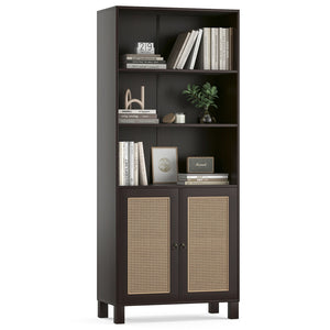 English Elm Tall Rattan Door Bookcase with 5 Shelves — Stylish Tall Storage Shelf for Living Room Office LibraryBedroom Walnut T3623P379905