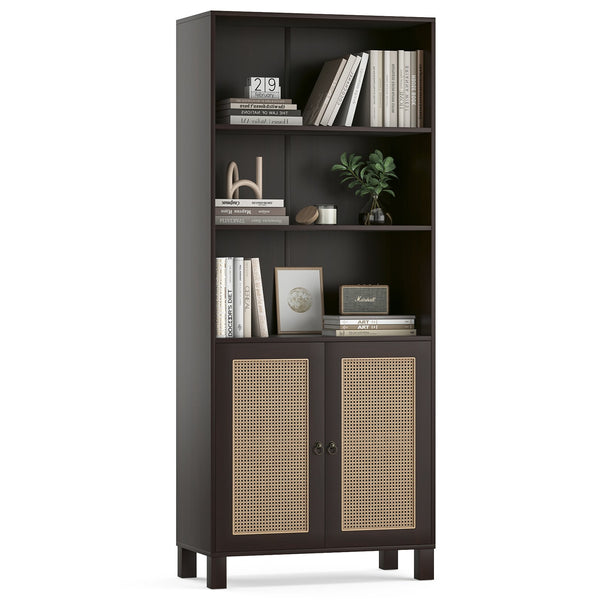 English Elm Tall Rattan Door Bookcase with 5 Shelves — Stylish Tall Storage Shelf for Living Room Office LibraryBedroom Walnut T3623P379905