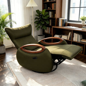 English Elm Power Reclining Swivel Chair Eco Leather Oak Armrests 260 Degree Lounge Seating Green W3795P502504