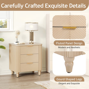 English Elm Mid-century Fluted 3 Drawer Nightstand with Gourd Legs and Gold Tone Handles for Bedroom Champagne N761P285712E