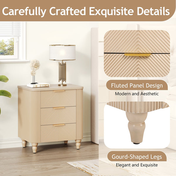 English Elm Mid-century Fluted 3 Drawer Nightstand with Gourd Legs and Gold Tone Handles for Bedroom Champagne N761P285712E