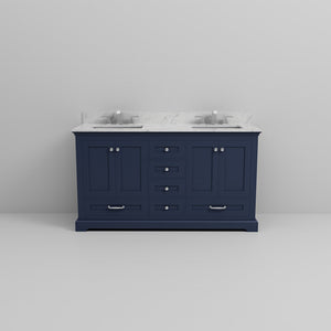English Elm Navy Double Bath Vanity 60" W x 22" D with Carrara Marble Top, Chrome Faucet, Soft-Close Storage Elegance B2731P258380