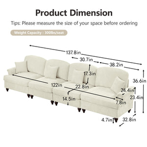 English Elm Elegant Four-Seater Chenille Sofa With Removable Ruffled Skirts, Flared Arms & Spindle Legs For Cozy Living Spaces W3041S00238