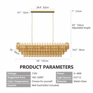 English Elm Modern 54" Gold Rectangular Chandelier — 12-Light Smoke Glass Tiered LED Pendant for Dining Room W1340P332566