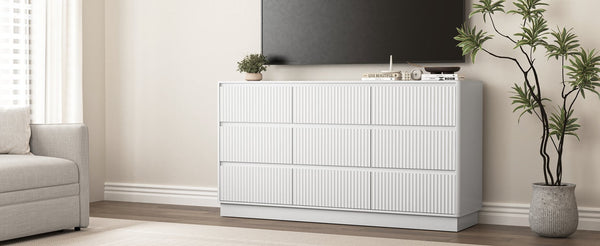 English Elm 9 Drawer Mid Century Wood Dresser Low Profile Matte Finish Bedroom Storage Cabinet White W409S00013