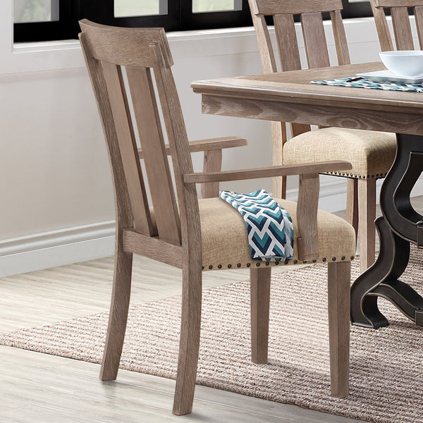 English Elm Beige Padded Arm Chairs Set Of 2 - Elegant Upholstered Seating With Nailhead Trim & Maple Legs B062P209271