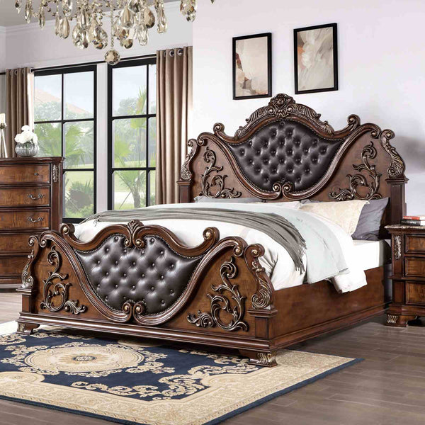 English Elm Luxurious Eastern King Bed Brown Cherry Baroque Tufted Leatherette Carved Wood Frame B2741S00813