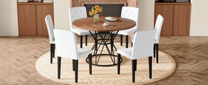 English Elm Table Set Walnut Round Dining for 6 with White Pu Chairs and Matte Black Metal Base W1151S04850
