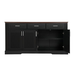English Elm 63" Fluted Sideboard Buffet Cabinet with Coffee Bar Storage, 4 Doors 3 Drawers, Smooth Silent Slides Black W2917P319112