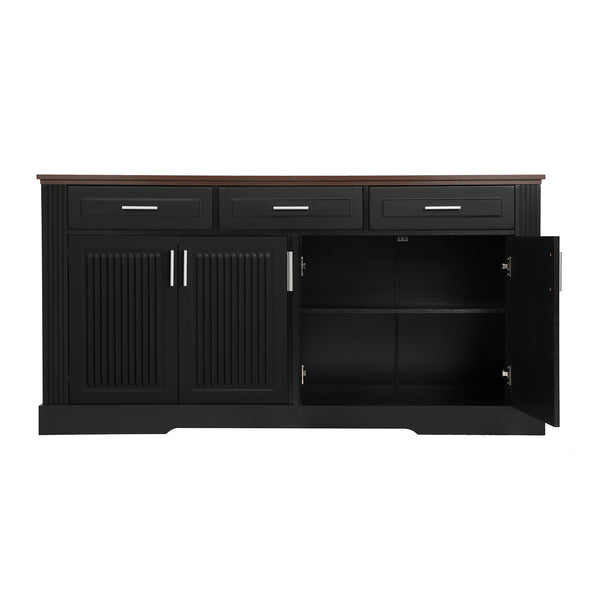 English Elm 63" Fluted Sideboard Buffet Cabinet with Coffee Bar Storage, 4 Doors 3 Drawers, Smooth Silent Slides Black W2917P319112