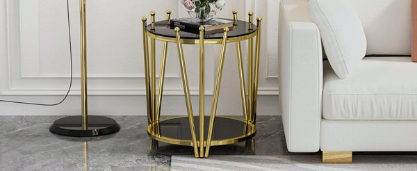 English Elm 19.69inch Gold Round Coffee Table with Crown Frame, 8mm Tempered Glass, Stainless Steel Base, Chic Storage Black W1550P171469