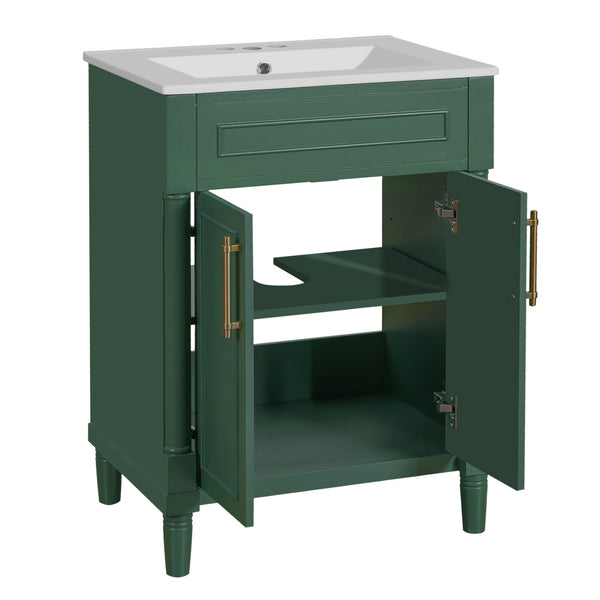 English Elm 24" Bathroom Vanity with Integrated Ceramic Sink and Adjustable Shelf, Vintage Hardware, Space-Saving Design Green N710P277711F