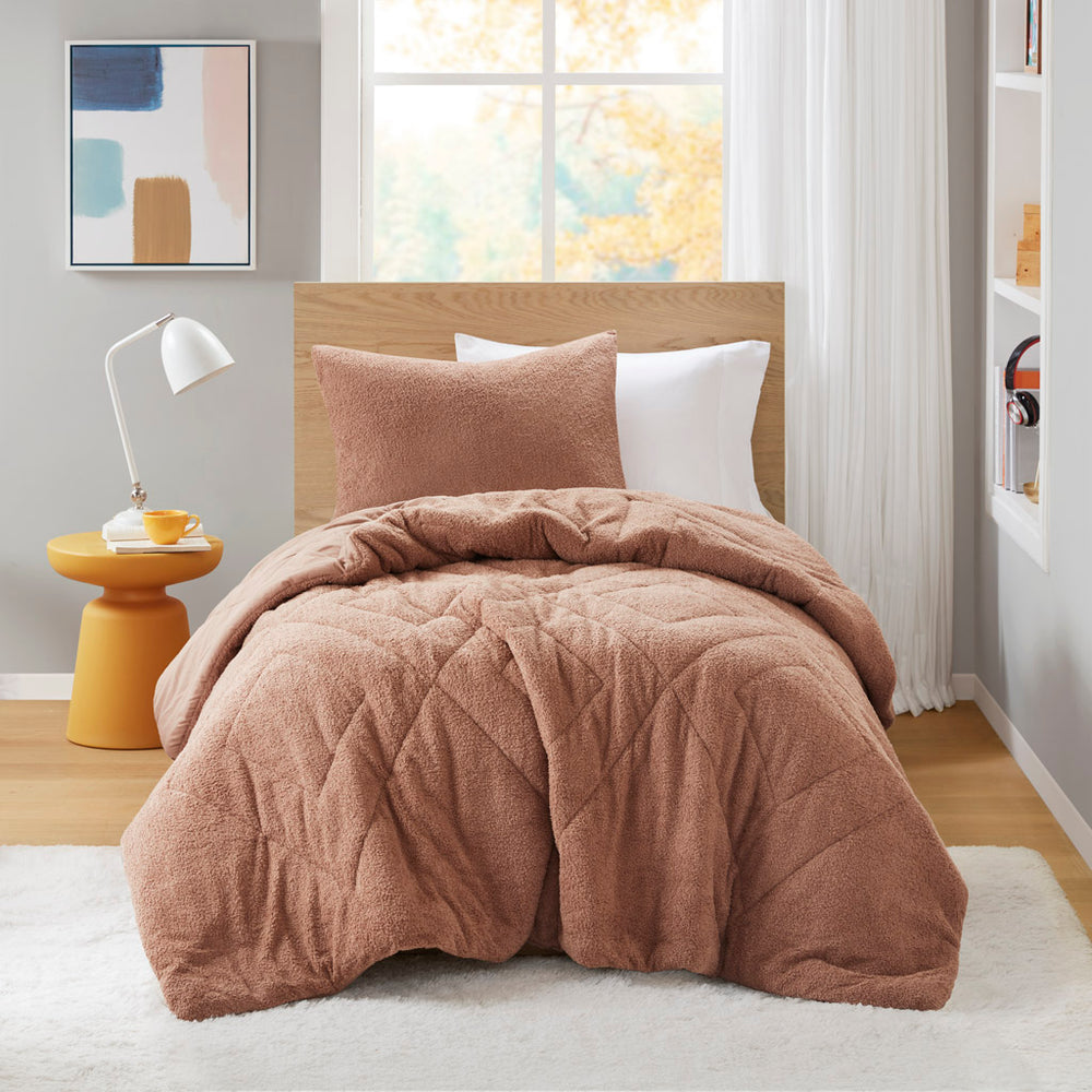JLA Home Comfort Spaces - Double Diamond Plush Teddy Comforter Set with Double Diamond Quilting, Oeko-Tex, All-Season Cozy Luxury Brown AM10-0271