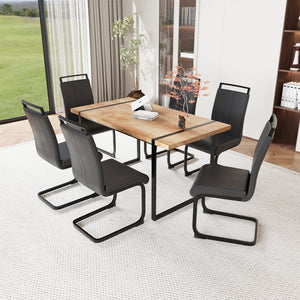 English Elm 59 Inch Industrial Farmhouse Dining Set with Mdf Table and Six Upholstered Chairs Wood W2189S00925
