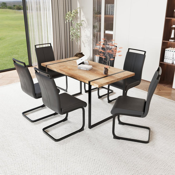 English Elm 59 Inch Industrial Farmhouse Dining Set with Mdf Table and Six Upholstered Chairs Wood W2189S00925