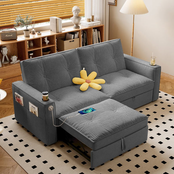 English Elm W3820s00010 Corduroy Sleeper Sofa Pull Out Guest Bed for Studio Apartments and Small Spaces Grey W3820S00032