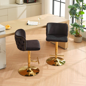 English Elm A&A Velvet Tufted Swivel Barstool with Ergonomic Back and Gold-Plated 17.7" Base, Set of 2 Black W1143P204044