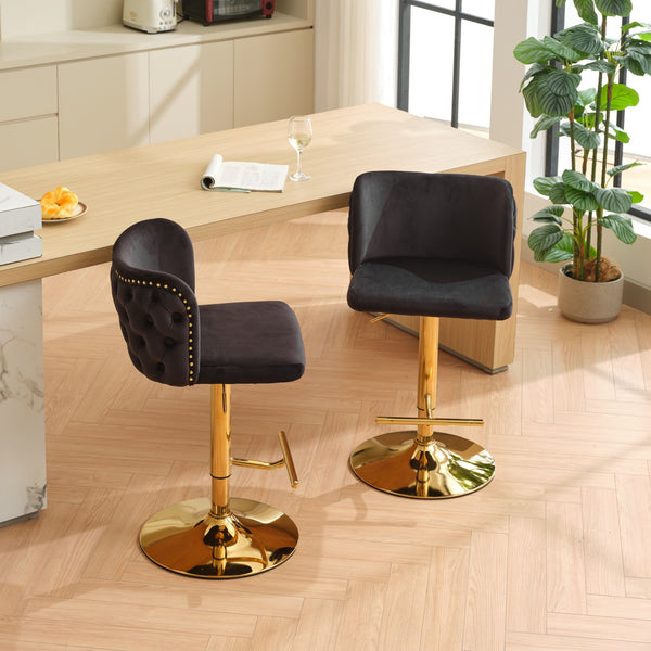 English Elm A&A Velvet Tufted Swivel Barstool with Ergonomic Back and Gold-Plated 17.7" Base, Set of 2 Black W1143P204044