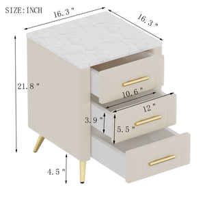 English Elm Upholstered Velvet Nightstand with Faux Marble Top Three Drawers and Slim Metal Legs Beige N733P208520A