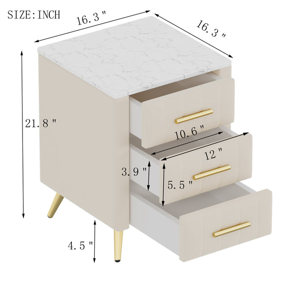 English Elm Upholstered Velvet Nightstand with Faux Marble Top Three Drawers and Slim Metal Legs Beige N733P208520A