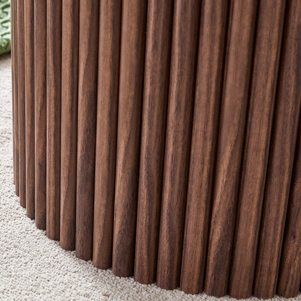 English Elm A modern circular coffee table Walnut 27.5" MDF top with cylindrical Roman legs, hidden storage, vintage flair W1151P270614