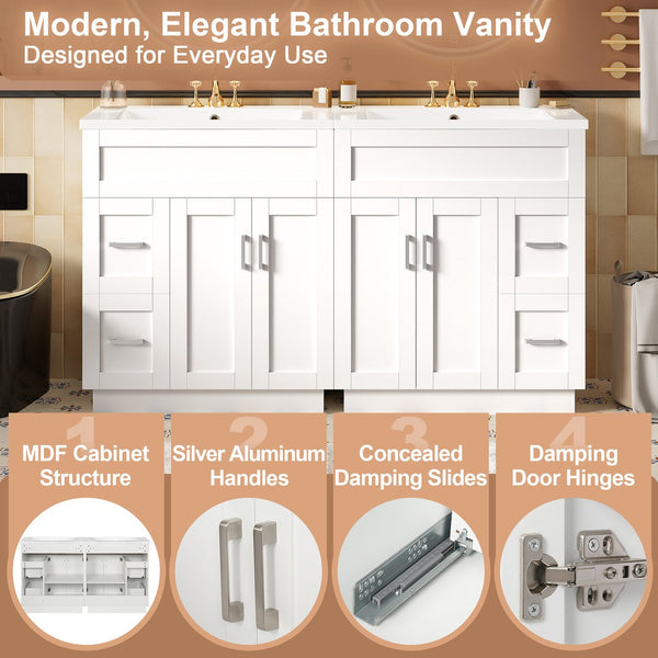 English Elm [video] 60 Inch Dual Sink Bathroom Vanity Mdf Cabinet Soft Close Doors Resin N729P000018K