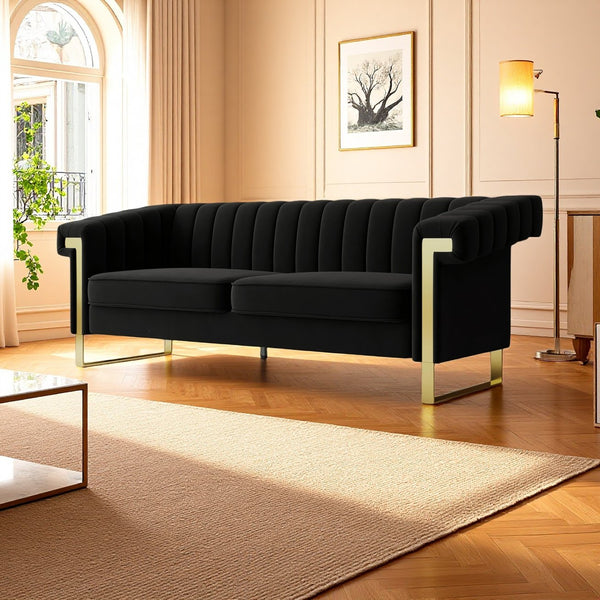 English Elm FX-P81-BK2 Modern Chesterfield Sofa Velvet Upholstery with Gold Metal Legs and Channel Tufting Elegance Black W576S00096