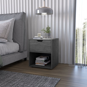 English Elm FM Elliott Nightstand with Drawer & Open Shelf in Light Gray – Modern Durable Particle Board Bedside B128P321065