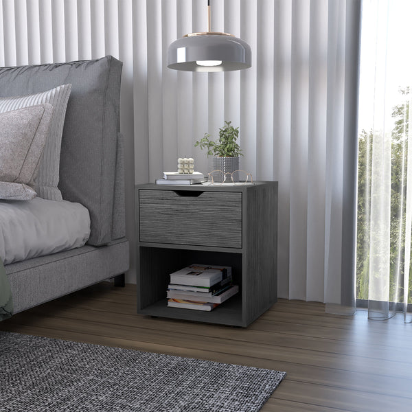 English Elm FM Elliott Nightstand with Drawer & Open Shelf in Light Gray – Modern Durable Particle Board Bedside B128P321065