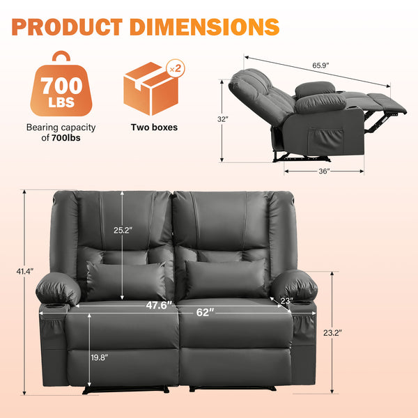English Elm Recliner Loveseat with Massage Heat Pu Leather Dual Seating and Usb Charging Ports Grey W1521S00081